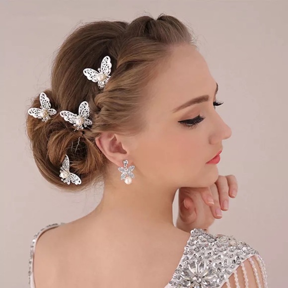 4 Pcs Crystal Butterfly Bridal Hair Pin Set - Picture 2 of 15